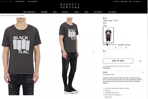 Barneys New York selling $265 Black Flag t-shirts