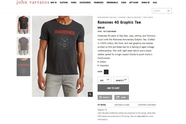 John Varvatos selling $98 Ramones t-shirts