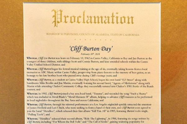 Feb 10, 2018 is Cliff Burton day in Alameda County