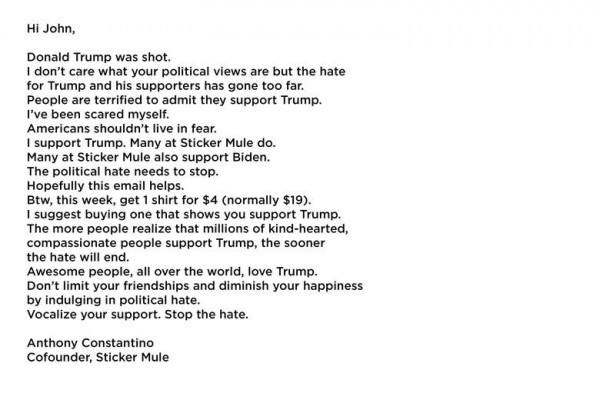 Sticker Mule sends customers pro-Trump e-mail, urges people to buy Trump t-shirts